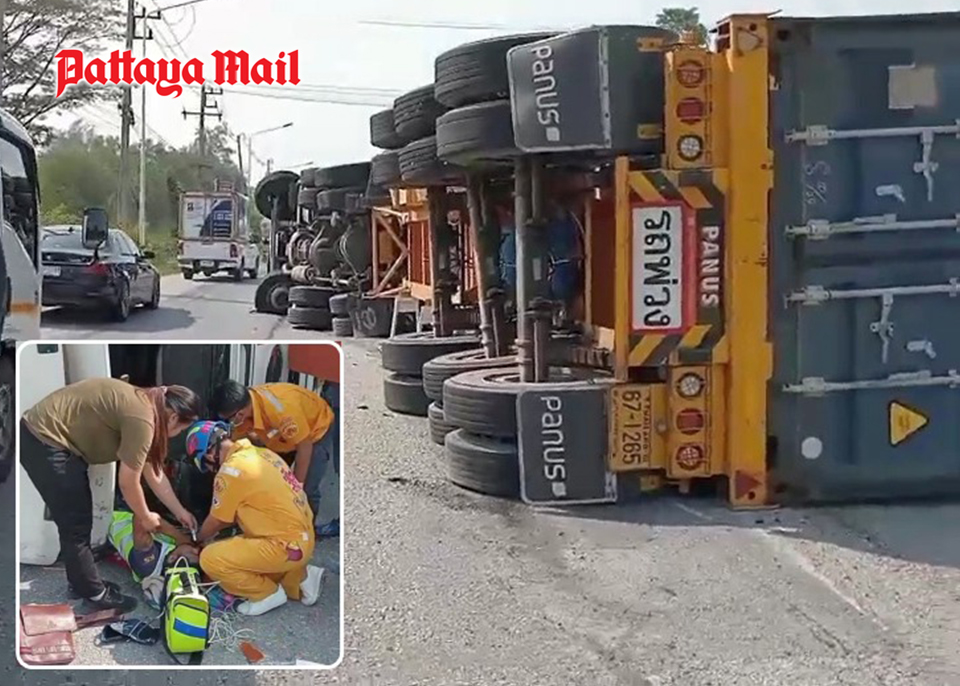 Driver injured as tire blowout flips trailer truck ThaiNews.io